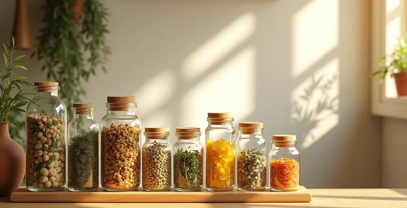 Étagère en bois avec bocaux de plantes médicinales dans une ambiance chaleureuse