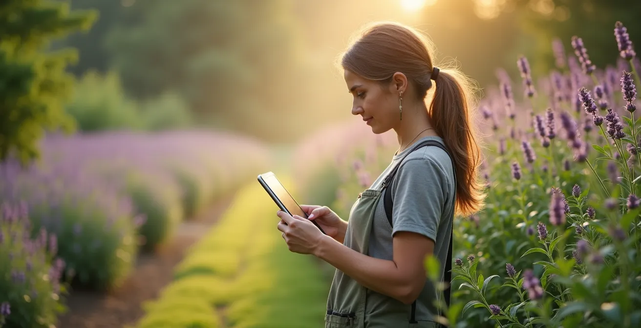 Herboriste utilisant une tablette dans un jardin de plantes médicinales