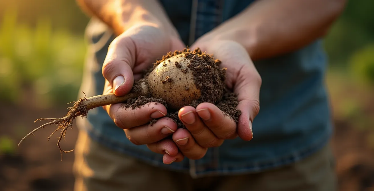 Gros plan de mains examinant une racine de plante médicinale fraîchement récoltée