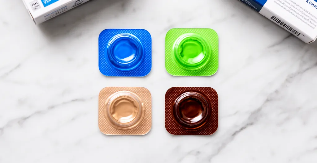 Boîtiers de lentilles Freshlook de différentes couleurs sur surface claire