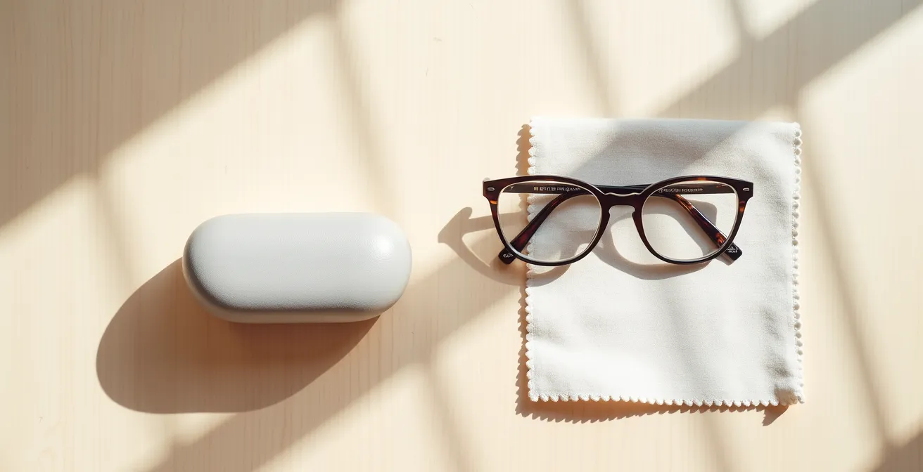 Composition épurée avec lunettes enfant, étui premium et éléments de protection