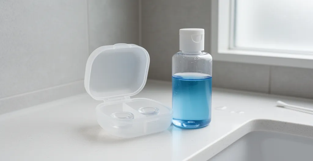 Étui de lentilles ouvert à côté d'un flacon de solution sur comptoir de salle de bain