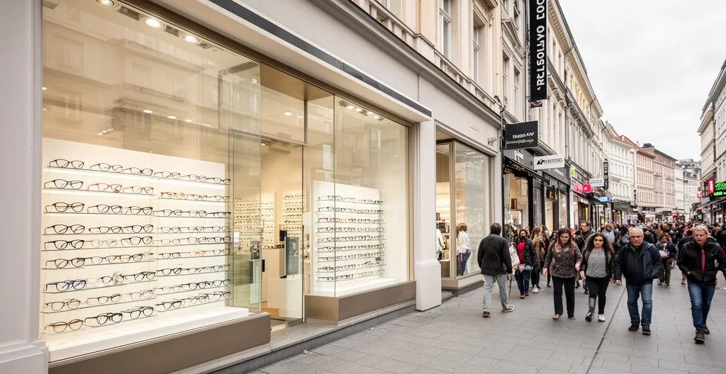 Devanture accueillante d'un magasin d'optique avec vitrines lumineuses