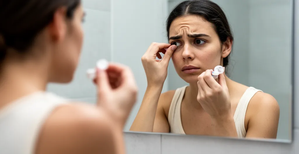 Femme devant miroir de salle de bain préparant la pose d'une lentille