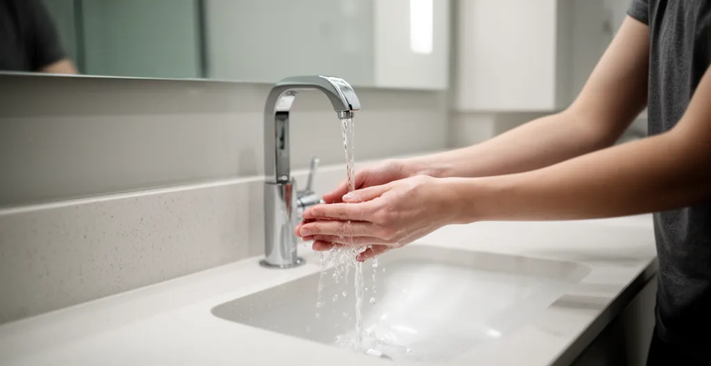 Personne se lavant les mains sous eau courante avant manipulation