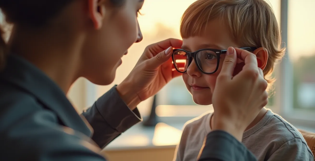 Mains d'opticien ajustant délicatement les branches de lunettes sur le visage d'un enfant
