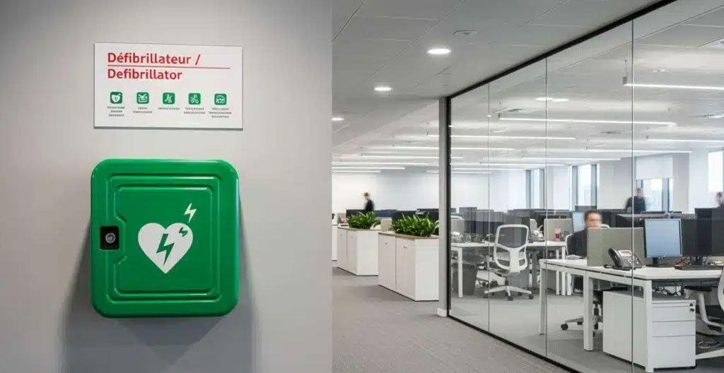 Intérieur d'un établissement commercial français moderne avec espace d'accueil du public, comptoir de réception et visiteurs, illustrant la notion de capacité d'accueil ERP