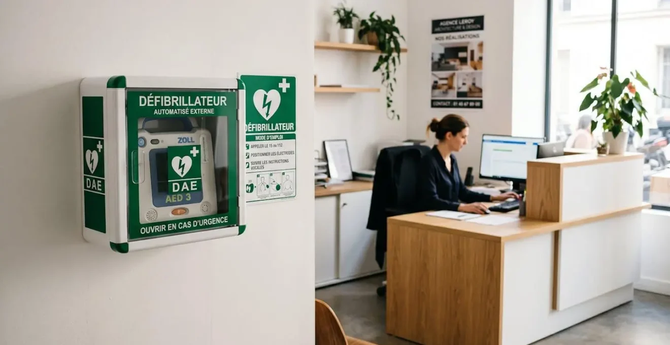 Défibrillateur automatisé externe DAE installé dans son coffret réglementaire sur le mur d'un hall d'accueil professionnel moderne, accompagné de la signalétique officielle obligatoire
