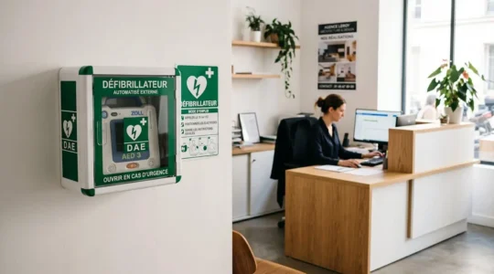 Défibrillateur automatisé externe DAE installé dans son coffret réglementaire sur le mur d'un hall d'accueil professionnel moderne, accompagné de la signalétique officielle obligatoire
