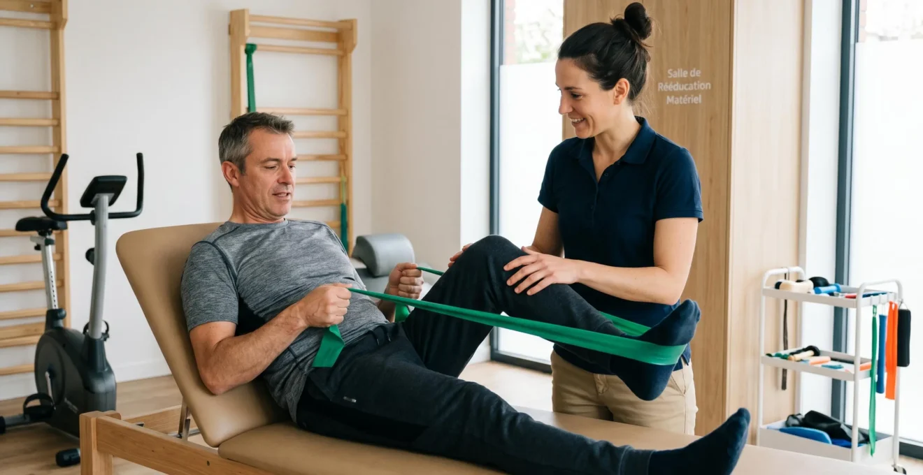 Patient adulte en séance de rééducation du genou avec kinésithérapeute, utilisant bande élastique pour exercice de mobilisation dans cabinet contemporain