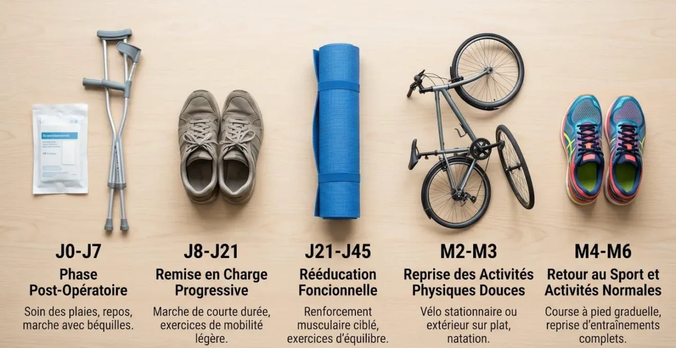 Timeline photographique des étapes de récupération post-arthroscopie montrant progression d'objets réels : béquilles en phase initiale, chaussures de marche, tapis d'exercice, vélo et chaussures de running