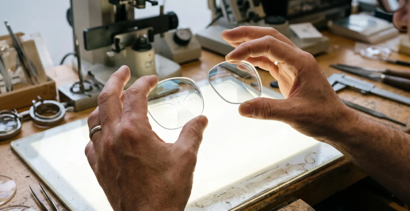 Un opticien inspecte de près un verre progressif sur une table de travail lumineuse.