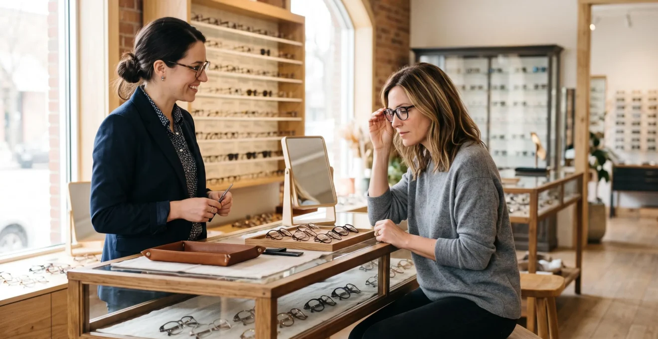 Une opticienne fait essayer des lunettes à une cliente d'une quarantaine d'années en boutique.