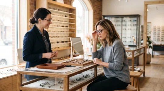Une opticienne fait essayer des lunettes à une cliente d'une quarantaine d'années en boutique.